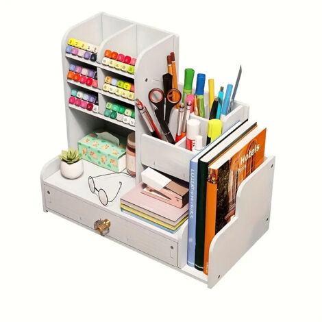 M.J COMFY-LIFE White Desk Organiser with Drawer Desktop Markers Pens Storage Multifunctional Pen Dividers Holder Tidy Caddy Stationery Artist Storage Organiser Box for Home Office School