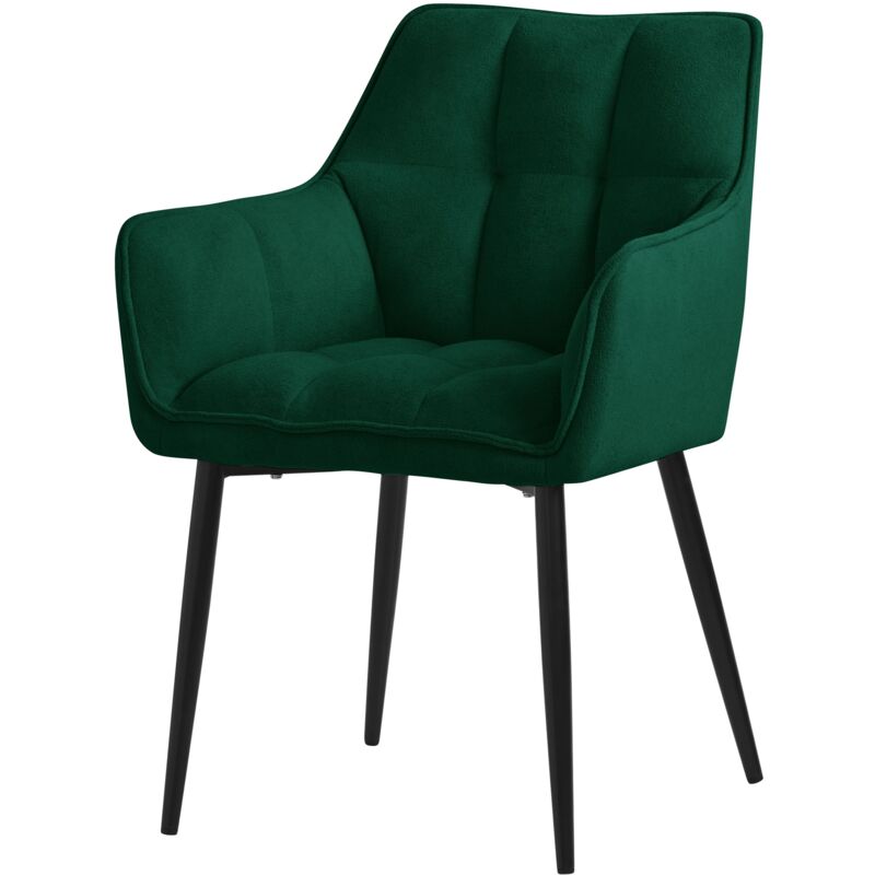 Ml-design - 1x Chaise Salle à Manger en Tissu Éponge, Vert Foncé, Chaise de Cuisine avec Assise Rembourrée Épaisse et Pieds Métalliques Noir, Dossier