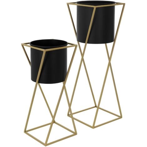 ML-Design 2 Soportes para Plantas de Metal Negro-Dorado Macetero Pedestal 21x21x51/24x24x70,5 cm Jardinera para Interior o Exterior Industrial Decorativo Construcción Robusta y Estable para Flores