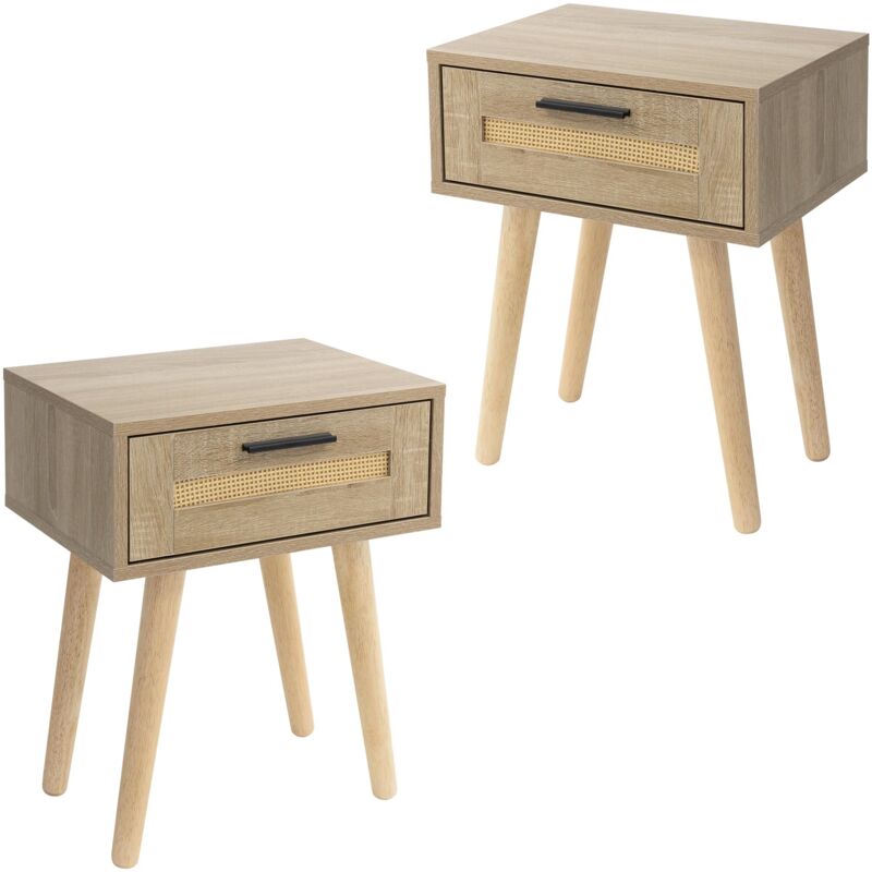 Ml-design 2er Set Nachttisch Mit 1 Schublade, 40x50, 5x30 Cm, Eiche Optik, Nachtschrank Rattanfront Massivholzfüßen, Nachtkommode Für Boxspringbett