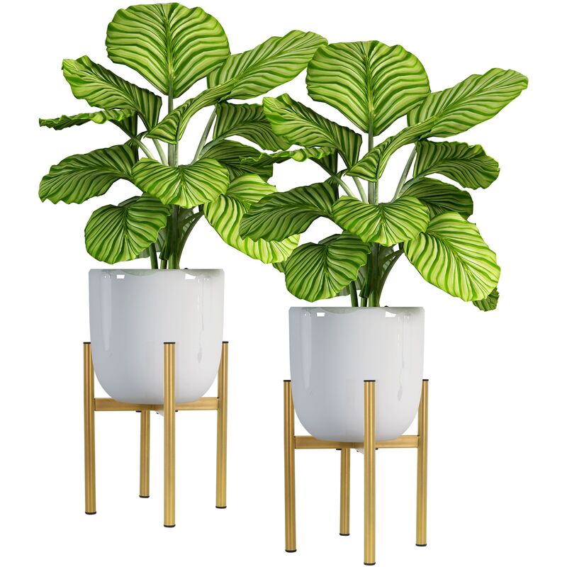 2x Support pour Fleurs Or, 18-25x18-25x30 cm, Pots Fleurs Surélevé, Moderne, Métal Résistant aux Intempéries, Robuste, Taille Réglable, Porte-Fleurs