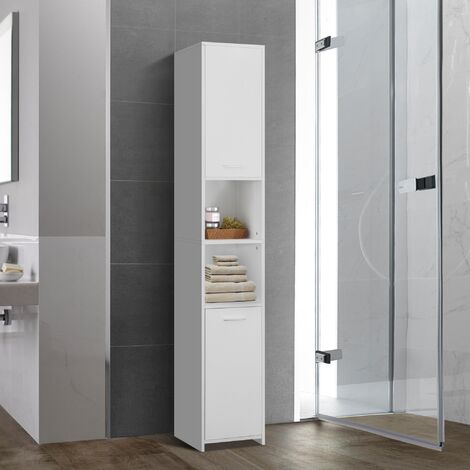 ML-Design Armario de baño blanco, 30x190x30 cm, armario alto para el baño, armario de baño con 6 compartimentos y 2 puertas, mucho espacio de almacenamiento, estantería de baño de madera MDF, armario
