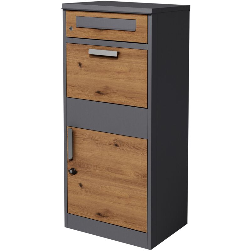 Boîte aux Lettres pour Colis, Acier Galvanisé, Anthracite/Brun Aspect Chêne, 50x112x37cm, Sur Pied, Verrouillable avec 2 Clés, Boîte Postale Moderne,