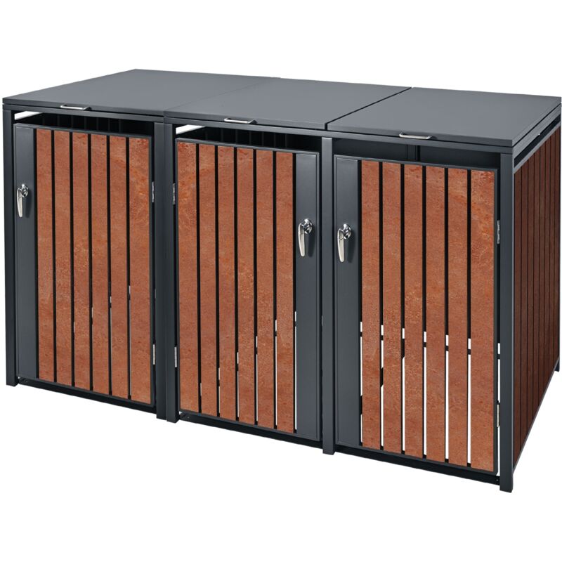 Ml-design - Box pour 3 Poubelles, 240L, 200x80x116,3 cm, en Acier/Acier Corten, Anthracite/Aspect Rouille, Habillage de Poubelle avec Couvercle