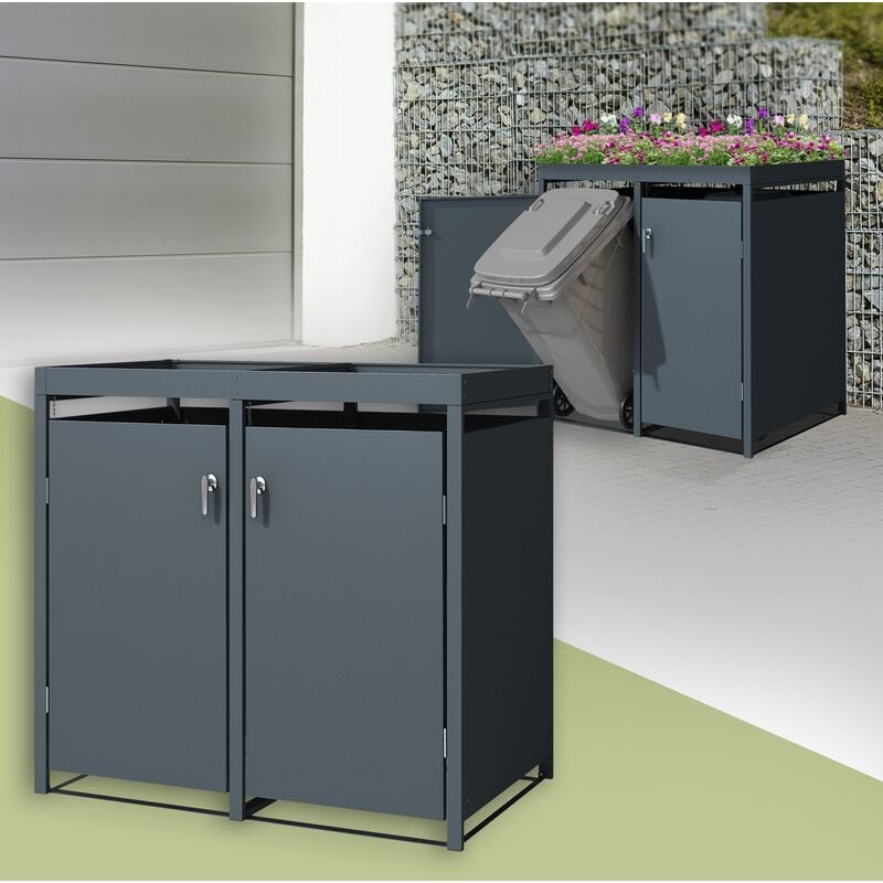 Abri pour 2 Poubelles 240L, 132x80x124cm, en Acier, Anthracite, avec Porte à Poignées et 2 Clés, avec Jardinière, Conteneur Extérieur, Moderne,