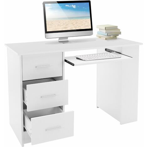 Ml-Design – Bureau droit blanc 110x49x75 cm avec 3 tiroirs et 3 étagères – Table de travail avec clavier coulissant – Meuble d'ordinateur pour bureau maison