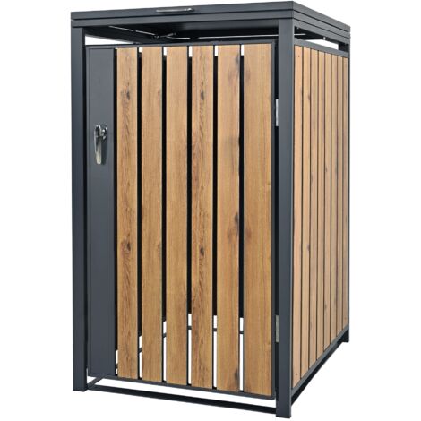 Ml-Design – Cache-poubelle pour 1 poubelle 240L – Acier anthracite aspect chêne – Dimensions 68x80x116,3 cm – Résistant aux intempéries