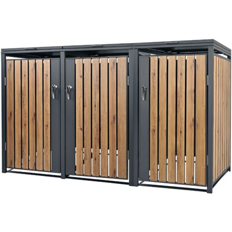 Ml-Design – Cache-poubelle pour 3 poubelles 240L – Acier anthracite aspect chêne – Dimensions 200x80x116,3 cm – Résistant aux intempéries