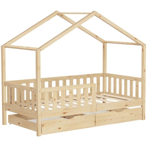 ML-Design cama infantil casa cama 80x160 cm natural con 2 cajones, cama de madera con protección anticaída, somier de láminas y techo, cama de juego de madera de pino para niños, Montessori suelo cama