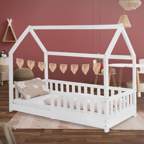 ML-Design Cama Infantil Color Blanco 80x160cm En Madera De Pino Maciza Reja Protectora Anticaída Techo y Somier Listones Diseño Creativo Forma De Casa Mueble de Dormitorio Para Niños Estable