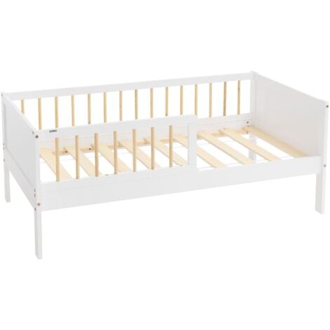 ML-Design Cama Infantil Individual Blanco-Natural 70x140cm Madera de Pino Maciza con Somier de Láminas y Protección Anticaída Diseño Creativo Estructura Robusta Mueble de Dormitorio para Niños/Bebés