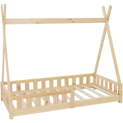 ML-Design Cama Infantil Tipi 80x160 cm con Protección Anticaída y Somier Estructura Listones de Madera de Pino Maciza Natural Lecho de Suelo Forma de Casa Mobiliario Juego Tienda de Campaña Niños