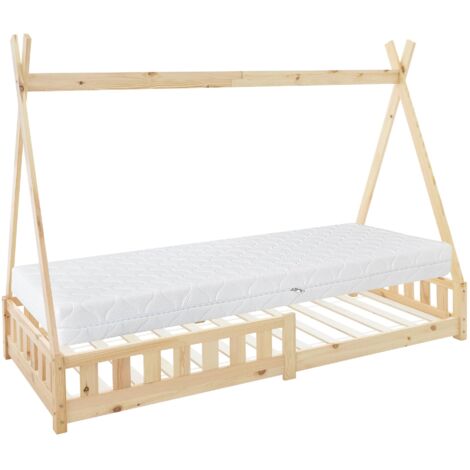 ML-Design Cama Infantil Tipi Natural 200x90 cm con Colchón Hipoalergénico 16cm, Protección Anticaída y Somier, Cuna Juvenil de Madera Maciza de Pino para Niño en Forma de Casa, Juego Lecho de Suelo