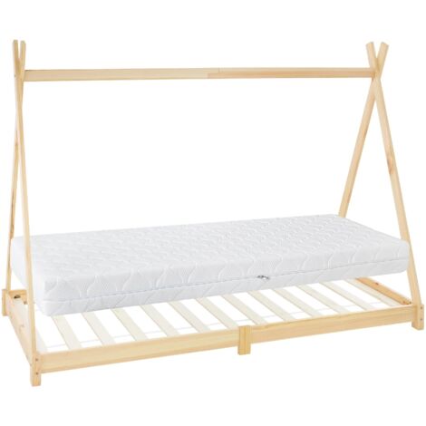 ML-Design Cama Infantil Tipi Natural 90x200 cm + Colchón de Espuma Fría 16cm y Somier de Listones, Cuna de Suelo Juvenil de Madera Maciza de Pino, Lecho para Niño y Bebé, Casa Tienda de Campaña Juego