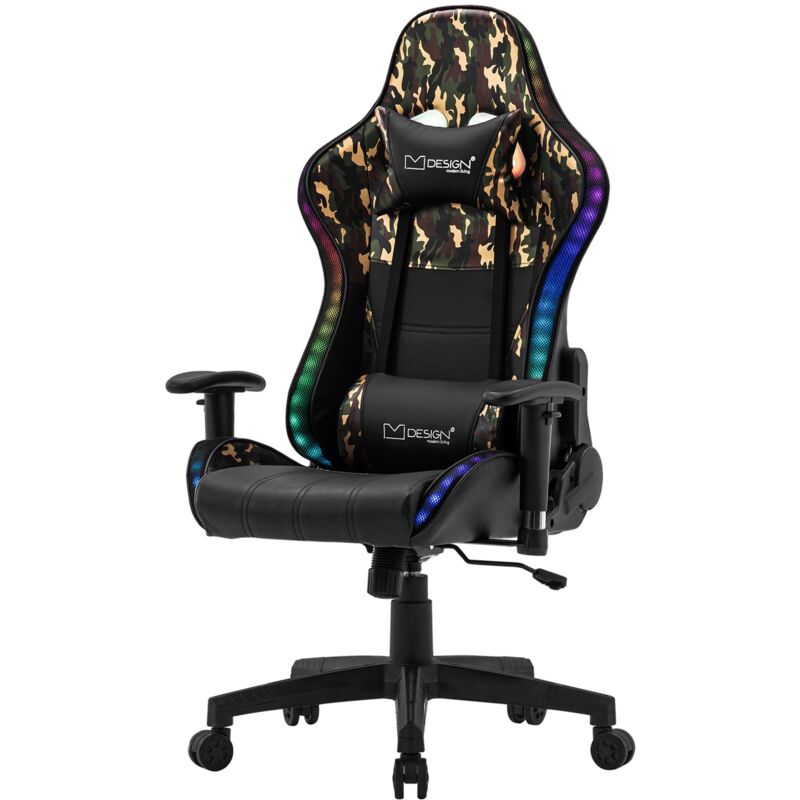 ML-Design Chaise de Jeu avec LED RGB, Haut-Parleurs Bluetooth, Noir-Camouflage, Similicuir, Chaise de Bureau Ergonomique, Dossier Haut, Appui-tête,