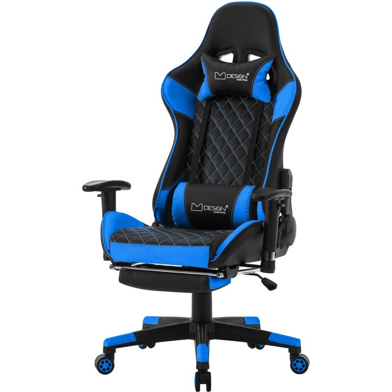 Ml-design - Chaise de Gaming avec Repose-pieds, Bleu, Similicuir, Chaise de Bureau Ergonomique avec Accoudoirs, Appui-tête, Coussin Lombaire,