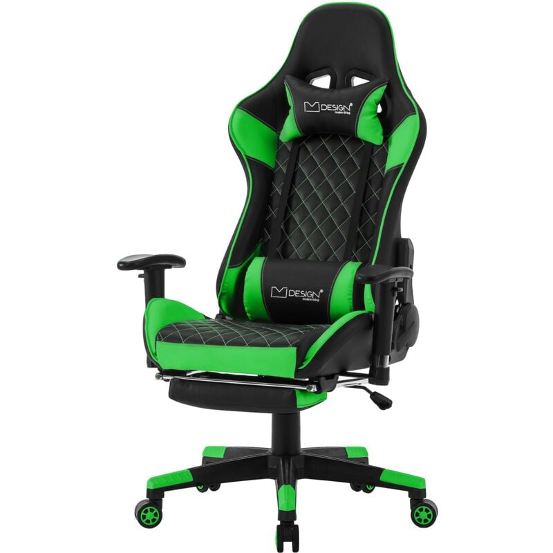 Ml-design - Chaise de Gaming avec Repose-pieds, Vert, Similicuir, Chaise de Bureau Ergonomique avec Accoudoirs, Appui-tête, Coussin Lombaire,