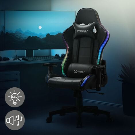 ML-Design Chaise de Jeu avec LED RGB, Haut-Parleurs Bluetooth, Noir, Similicuir, Chaise de Bureau Ergonomique, Dossier Haut, Appui-tête, Coussin Lombaire, Pivotant-Réglable, Chaise de Gamer/Travail