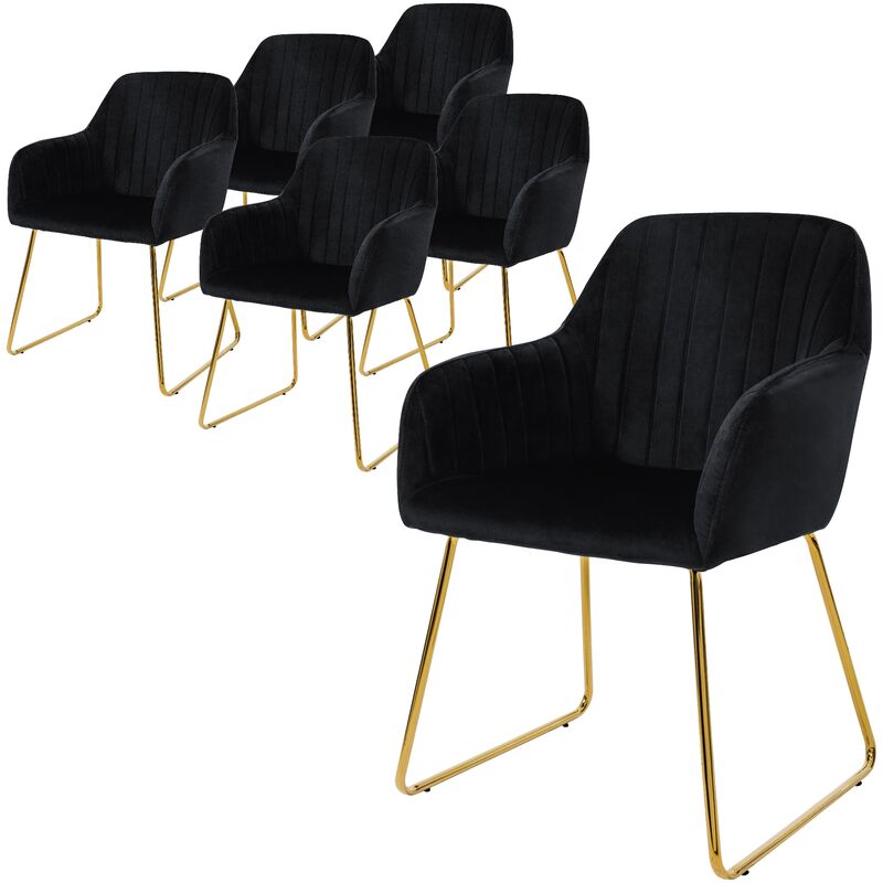Ml-design - Set de 6 Chaises de Salle à Manger, Noir, Assise Rembourrée en Velours, Pieds Dorés en Métal, avec Dossier et Accoudoirs Ergonomiques,