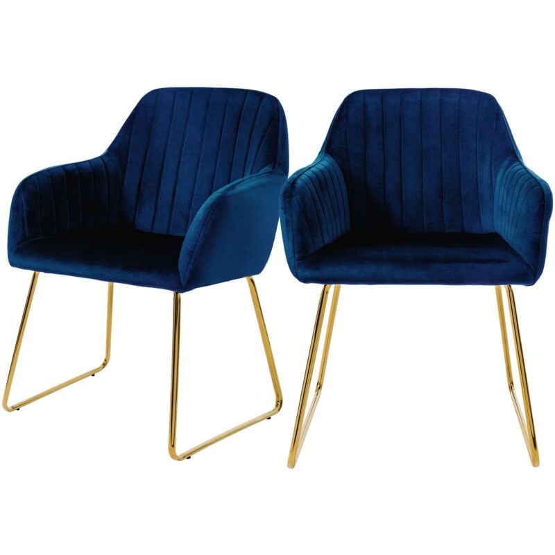 Ml-design - Set de 2 Chaises de Salle à Manger, Bleu, Assise Rembourrée en Velours, Pieds Dorés en Métal, avec Dossier et Accoudoirs Ergonomiques,