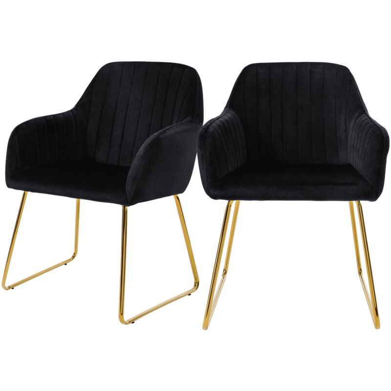 Ml-design - Set de 2 Chaises de Salle à Manger, Noir, Assise Rembourrée en Velours, Pieds Dorés en Métal, avec Dossier et Accoudoirs Ergonomiques,