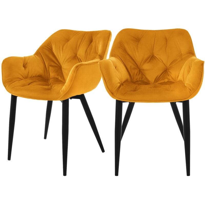 Ml-design - Set 2 Chaises de Salle à Manger, Jaune Moutarde, Assise Rembourrée en Velours, Pieds Métalliques Noir, avec Dossier et Accoudoirs