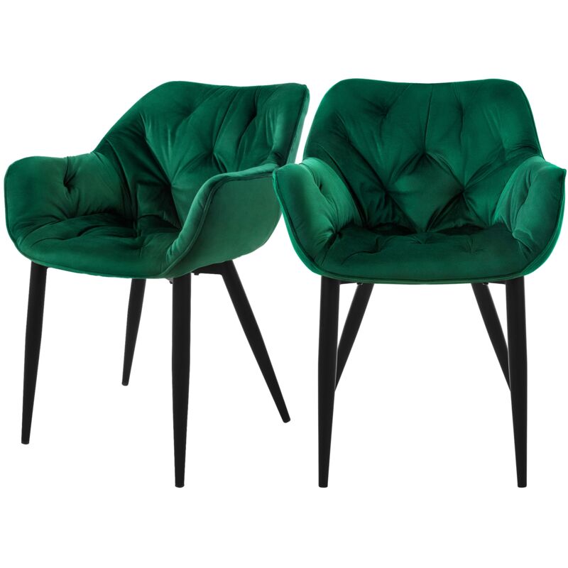 Ml-design - Set de 2 Chaises de Salle à Manger, Vert Foncé, Assise Rembourrée en Velours, Pieds Métalliques Noir, avec Dossier et Accoudoirs