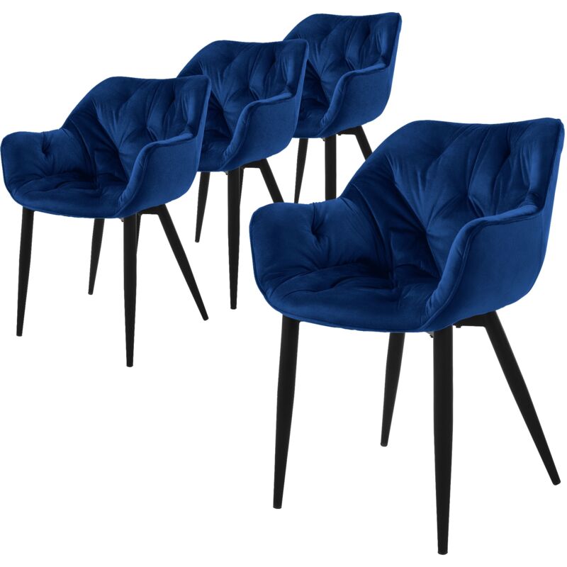 Ml-design - Set de 4 Chaises de Salle à Manger, Bleu Foncé, Assise Rembourrée en Velours, Pieds Métalliques Noir, avec Dossier et Accoudoirs