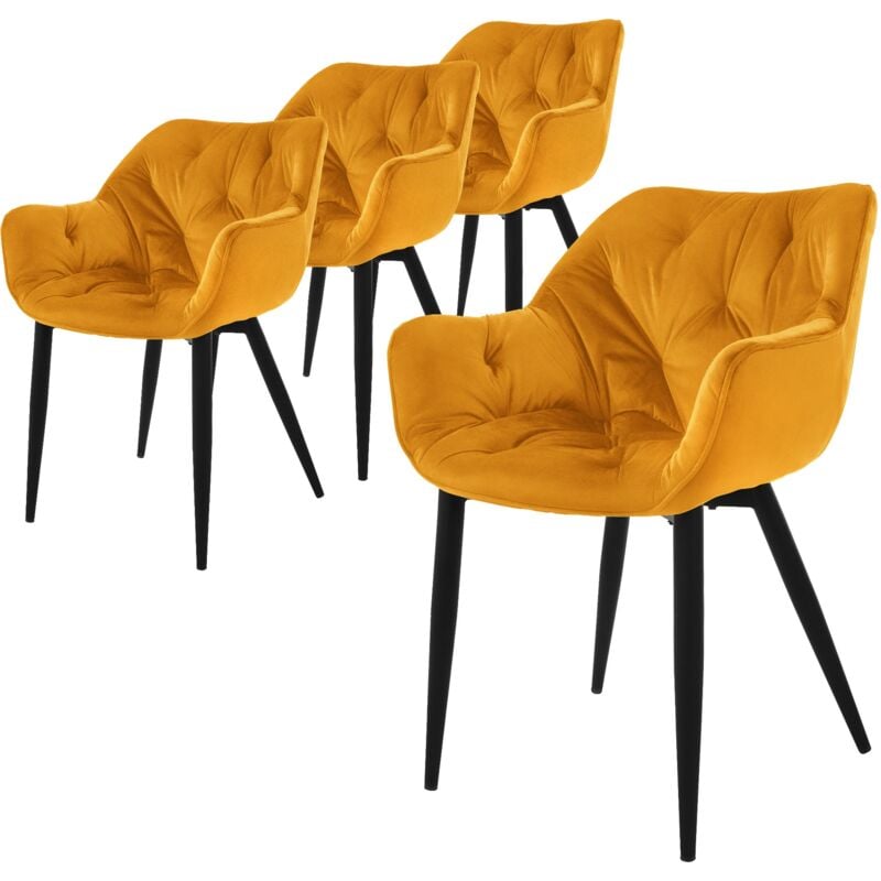 Ml-design - Set 4 Chaises de Salle à Manger, Jaune Moutarde, Assise Rembourrée en Velours, Pieds Métalliques Noir, avec Dossier et Accoudoirs