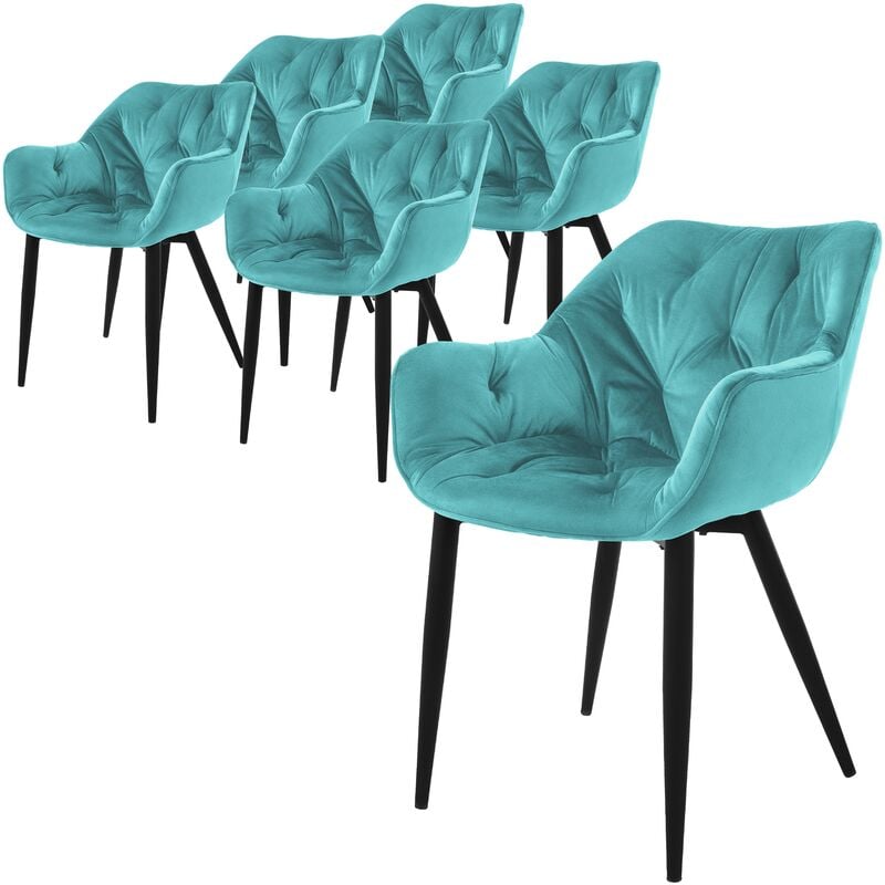 Ml-design - Set de 6 Chaises de Salle à Manger, Pétrole, Assise Rembourrée en Velours, Pieds Métalliques Noir, avec Dossier et Accoudoirs
