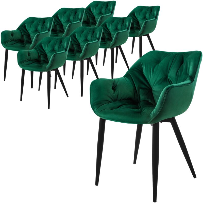 Ml-design - Set de 8 Chaises de Salle à Manger, Vert Foncé, Assise Rembourrée en Velours, Pieds Métalliques Noir, avec Dossier et Accoudoirs