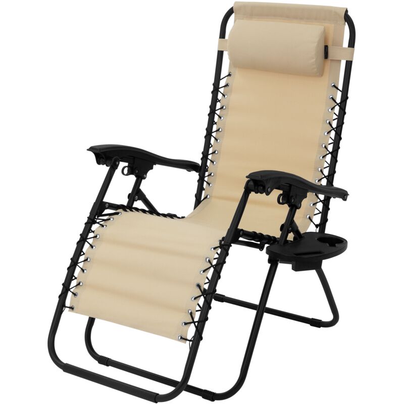 Chaise Longue avec Appui-Tête et Porte-Gobelet, Pliable, Beige, en Acier/Tissu Polyester Oxford, Bain de Soleil de Champing, Coussin de Tête et