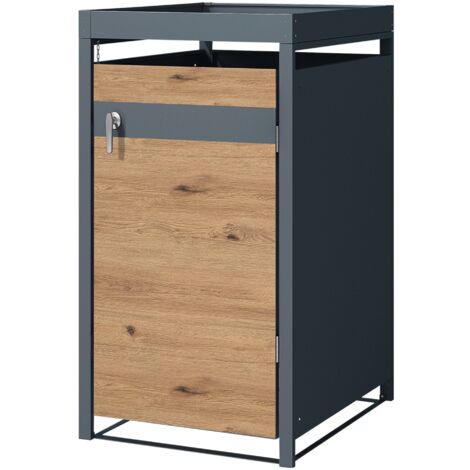 ML-Design Cobertizo de Exterior para 1 Cubo de Basura de 240L 68x80x124 cm con Aspecto Roble Mueble Cubrecontenedor de Acero Resistente con Techo Vegetal y  Puerta Abatible con Cerradura