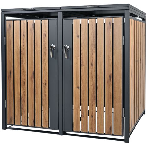 Ml-Design – Cache-poubelle pour 2 poubelles 240L – Acier anthracite et aspect chêne – Dimensions 132x80x116,3 cm – Résistant aux intempéries