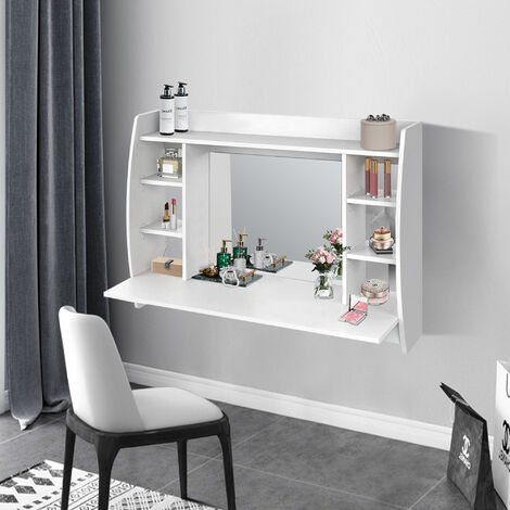 ML-Design Coiffeuse Murale Blanc 110 x 75 x 48,5 cm avec Miroir et 6 Étagères de Rangement, en Bois MDF, Table de Maquillage, Table de Toilette Murale, Coiffeuse Cosmétique pour Femmes et Filles