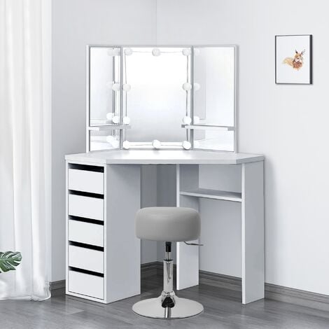 Coiffeuse blanche 2 tiroirs Miroir LED + Tabouret Table manucure - Ciel &  terre