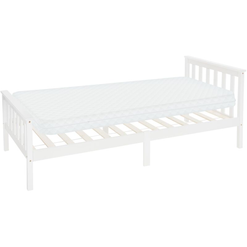 Ml-design - Holzbett 90x200 Cm Weiß Mit Matratze H, 10cm, Kiefernholz, Massivholz Bettgestell Mit Lattenrost & Füße, Einzelbett Mit Kopf- Und
