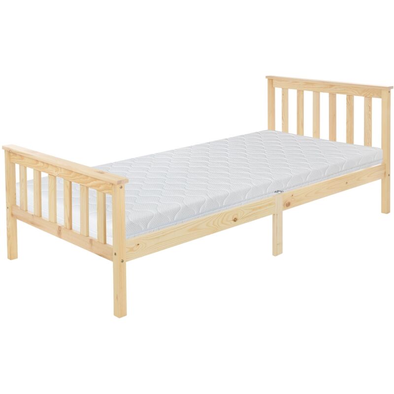 Ml-Design Holzbett 90x200 Cm Natur Mit Matratze H, 16cm, Kiefernholz, Massivholz Bettgestell Mit Lattenrost & Füße, Einzelbett Mit Kopf- Und Fußteil, Bett