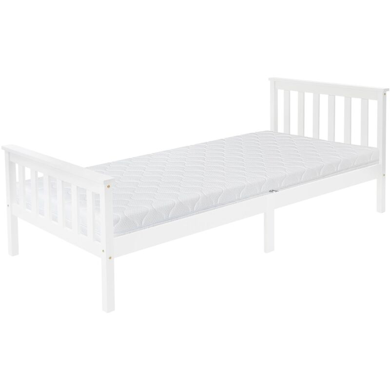 Ml-Design Holzbett 90x200 Cm Weiß Mit Matratze H, 16cm, Kiefernholz, Massivholz Bettgestell Mit Lattenrost & Füße, Einzelbett Mit Kopf- Und Fußteil, Bett