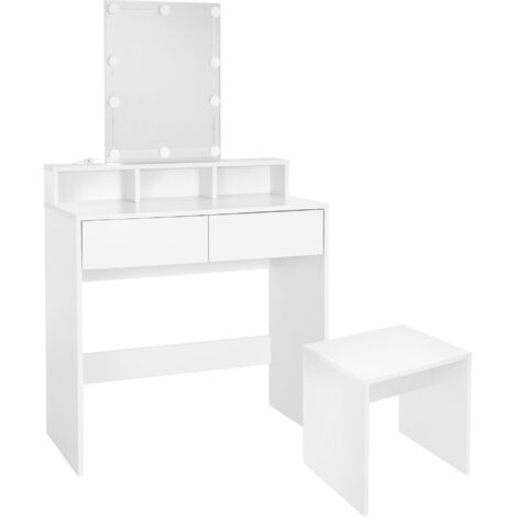 ML-Design Juego De Tocador Con Iluminación LED Y Taburete 80x40x140 cm Blanco Moderno con Espejo 2 Cajones 3 Compartimentos Abiertos Mesa de Maquillaje Cosméticos Tablero De Aglomerado Dormitorio