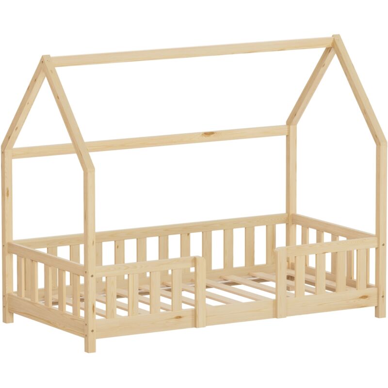 Ml-design Kinderbett 80x160 Cm Mit Rausfallschutz, Dach & Lattenrost, Natur, Bodenbett Aus Massivem Kiefernholz, Hausbett Für Mädchen & Jungen,