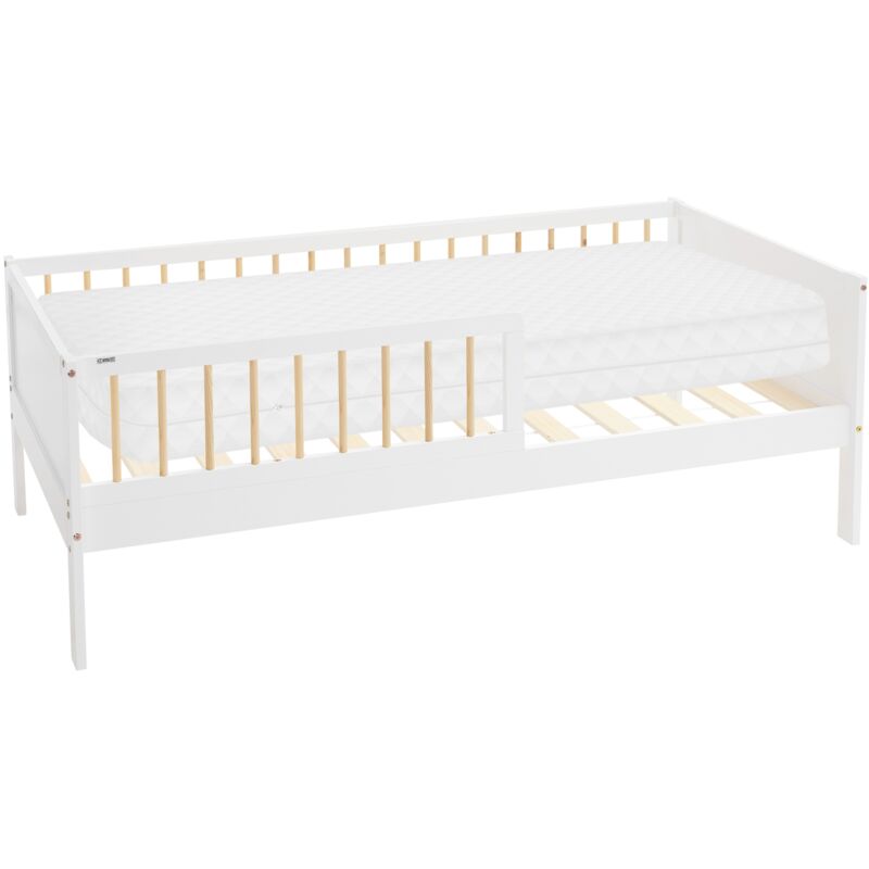 Ml-Design Kinderbett 80x160 Cm Weiß-natur Mit Matratze, Einzelbett Für Kinder Mit Lattenrost & Rausfallschutz, Jugendbett Aus Kiefernholz, Holzbett