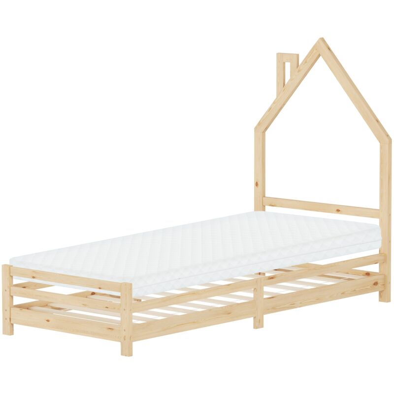 Ml-design - Kinderbett Haus 90x200 Cm Natur Mit Matratze H, 10cm, Hausbett Für Kinder, Holzbett Mit Lattenrost, Schornstein Design, Jugendbett Aus