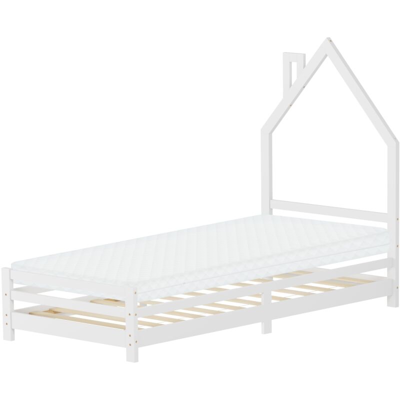 Ml-design - Kinderbett Haus 90x200 Cm Weiß Mit Matratze H, 10cm, Hausbett Für Kinder, Holzbett Mit Lattenrost, Schornstein Design, Jugendbett Aus