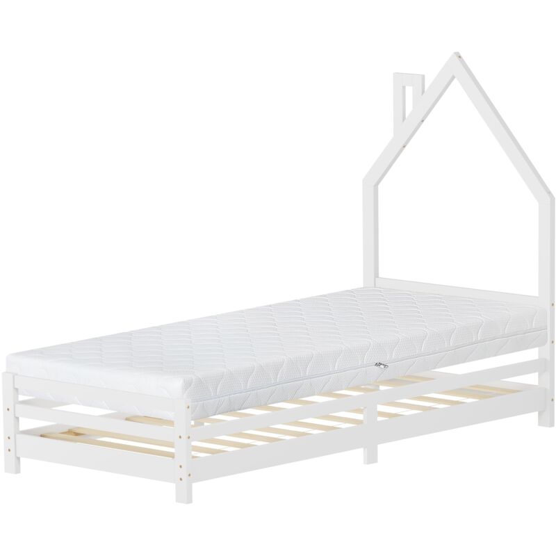 Ml-design - Kinderbett Haus 90x200 Cm Weiß Mit Matratze H, 16cm, Hausbett Für Kinder, Holzbett Mit Lattenrost, Schornstein Design, Jugendbett Aus
