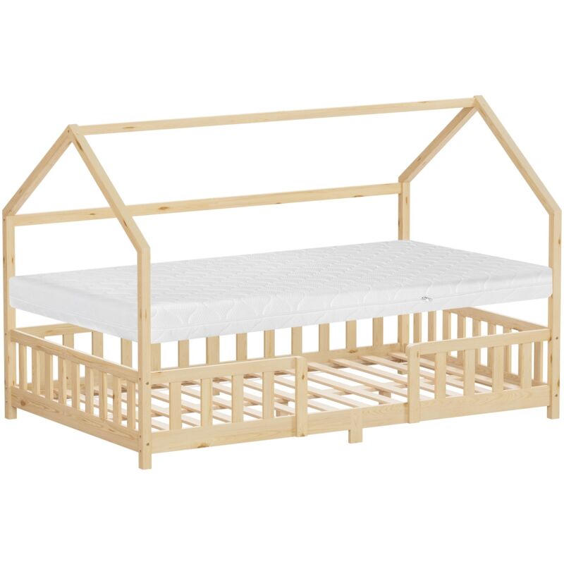 Ml-design Kinderbett Hausbett 120x200 Cm Mit Matratze, Rausfallschutz, Dach & Lattenrost, Natur, Bettgestell Aus Kiefernholz, Montessori Bodenbett,