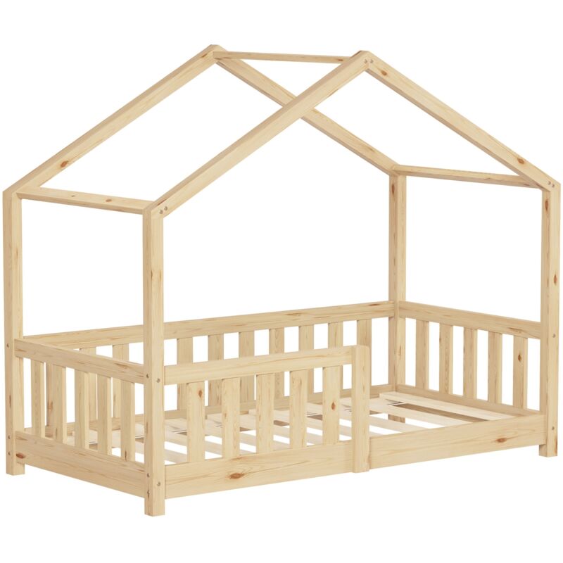 Ml-design Kinderbett Hausbett 70x140 Cm Natur, Holzbett Mit Rausfallschutz, Lattenrost Und Dach, Spielbett Aus Massivem Kiefernholz Für Kinder,