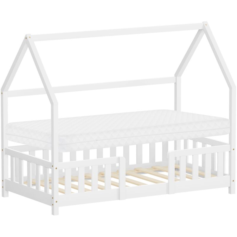 Ml-design Kinderbett Hausbett 80x160 Cm Mit Matratze, Rausfallschutz, Dach & Lattenrost, Weiß, Bettgestell Aus Kiefernholz, Montessori Bodenbett,
