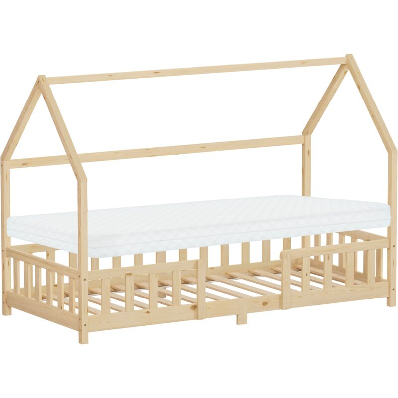 Ml-design Kinderbett Hausbett 90x200 Cm Mit Matratze H, 10cm, Rausfallschutz, Dach & Lattenrost, Natur, Bettgestell Aus Kiefernholz, Montessori