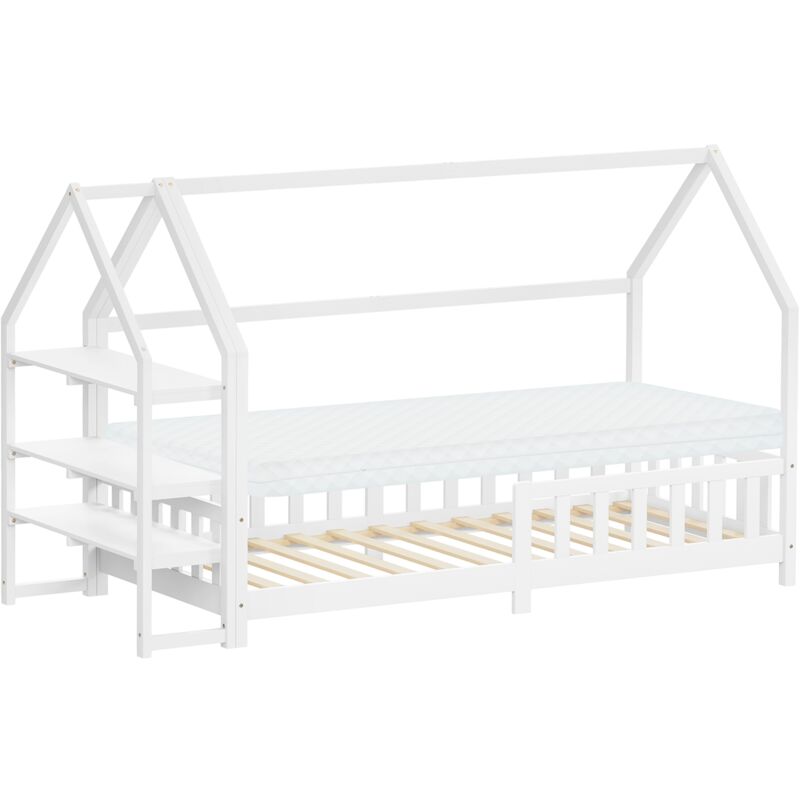 Ml-design Kinderbett Hausbett 90x200 Cm Mit Matratze H, 10cm, Rausfallschutz, Regal, Dach & Lattenrost, Weiß, Bettgestell Aus Kiefernholz, Montessori